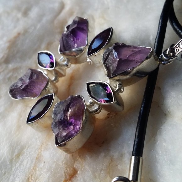 Handmade Jewelry - Silver Necklace Natural Genuine Amethyst